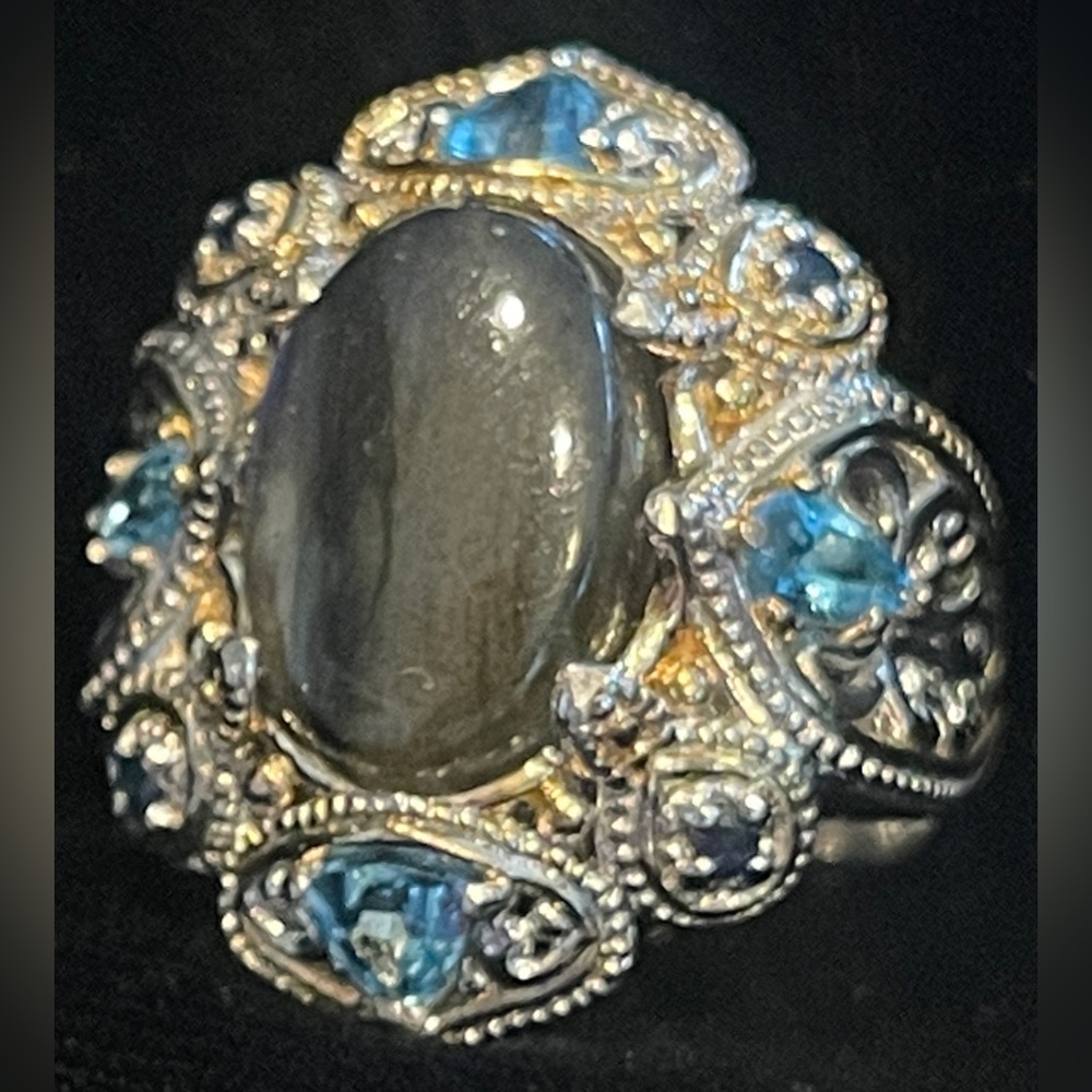 Gems en Vogue Labradorite, Blue Topaz, and Sapphire Sterling Silver, 18kgp, Ring